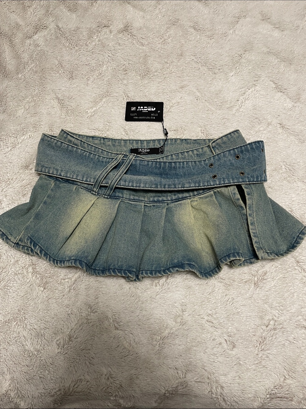 Jade London Faded Blue Denim Pleated Mini Skirt with Integrated Belt